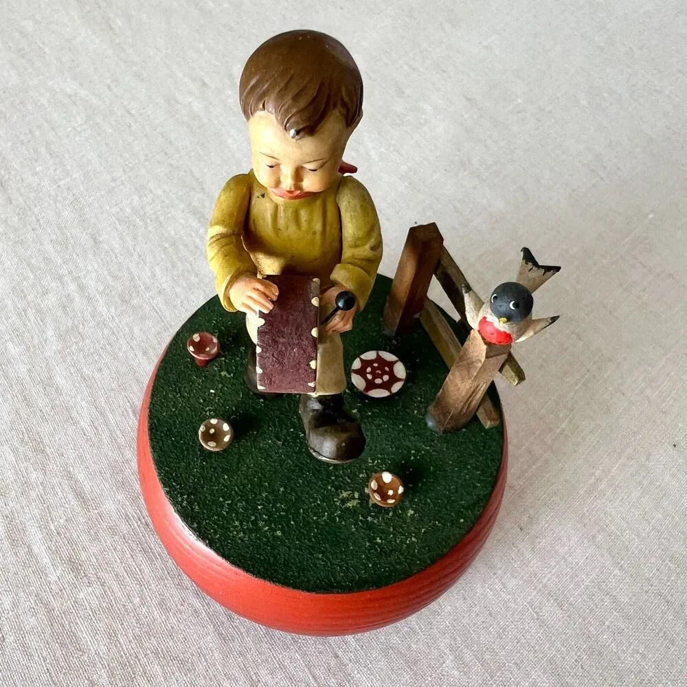 VTG Anri Reuge Rotating Music Box Boy/Bird Plays The Little Drummer Boy WORKING